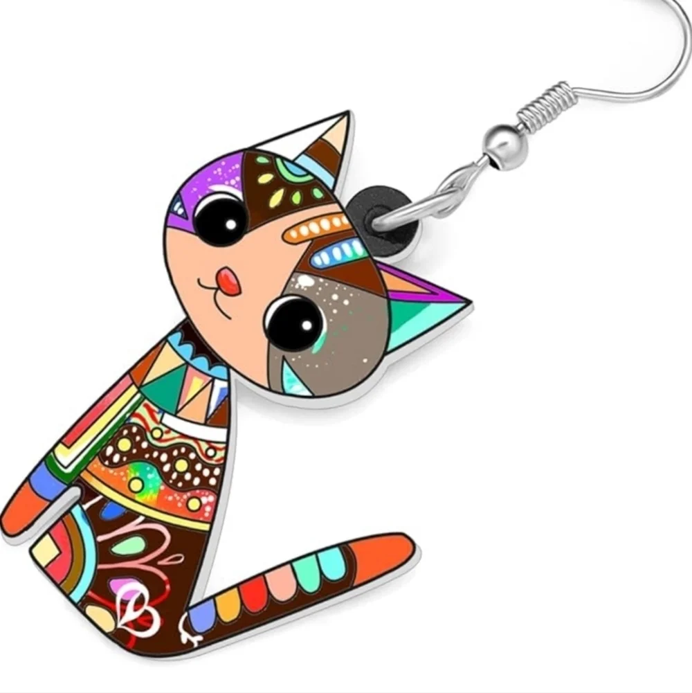 Women's jewelry unique multi-colored designed cat dangle earrings!